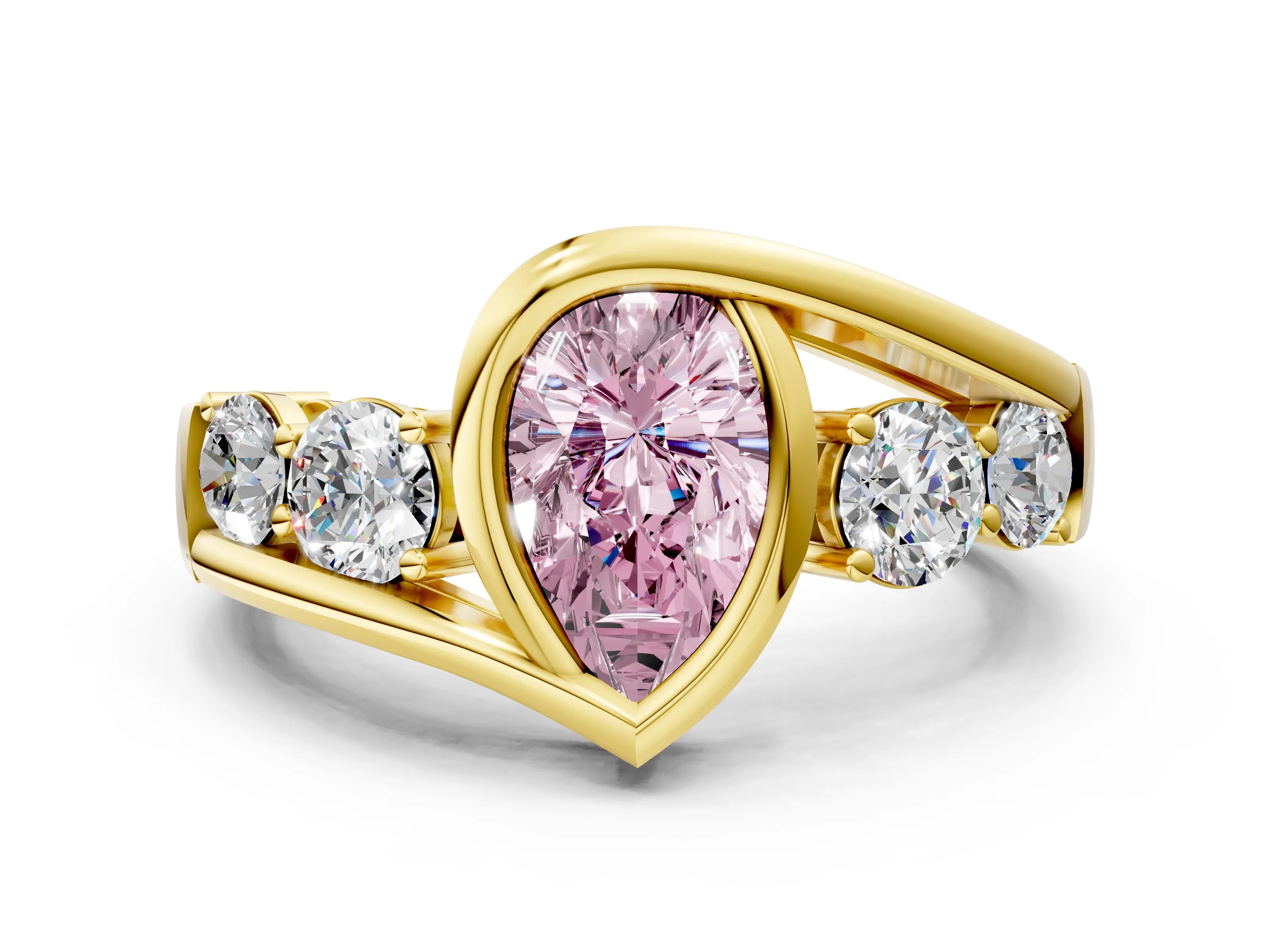 Yellow gold Bezel Set Fancy Pink Pear Cut Diamond Split Shank Ring