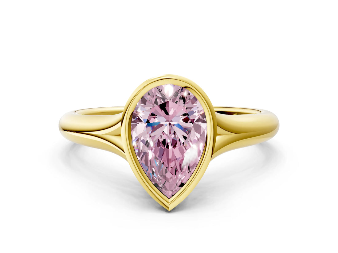 Yellow gold Bezel Set Fancy Pink Pear  Solitaire Diamond Ring with Smooth Band 1