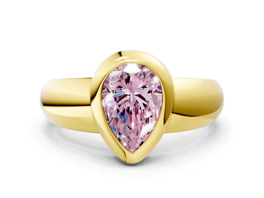 Yellow gold Bezel Set Fancy Pink Pear  Solitaire Ring with Wide Band