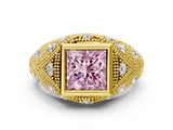 Yellow gold Bezel Set Fancy Pink Princess Cut Diamond Milgrain Band Ring