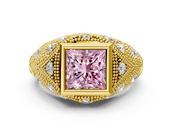 Yellow Gold Princess Cut Vintage Bezel Engagement Ring Setting for Fancy Pink Center with Milgrain