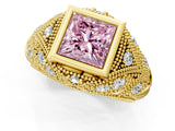 Yellow gold Bezel Set Fancy Pink Princess Cut Diamond Milgrain Band Ring_1