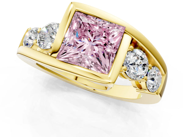 Yellow gold Bezel Set Fancy Pink Princess Cut Diamond Split Shank Ring