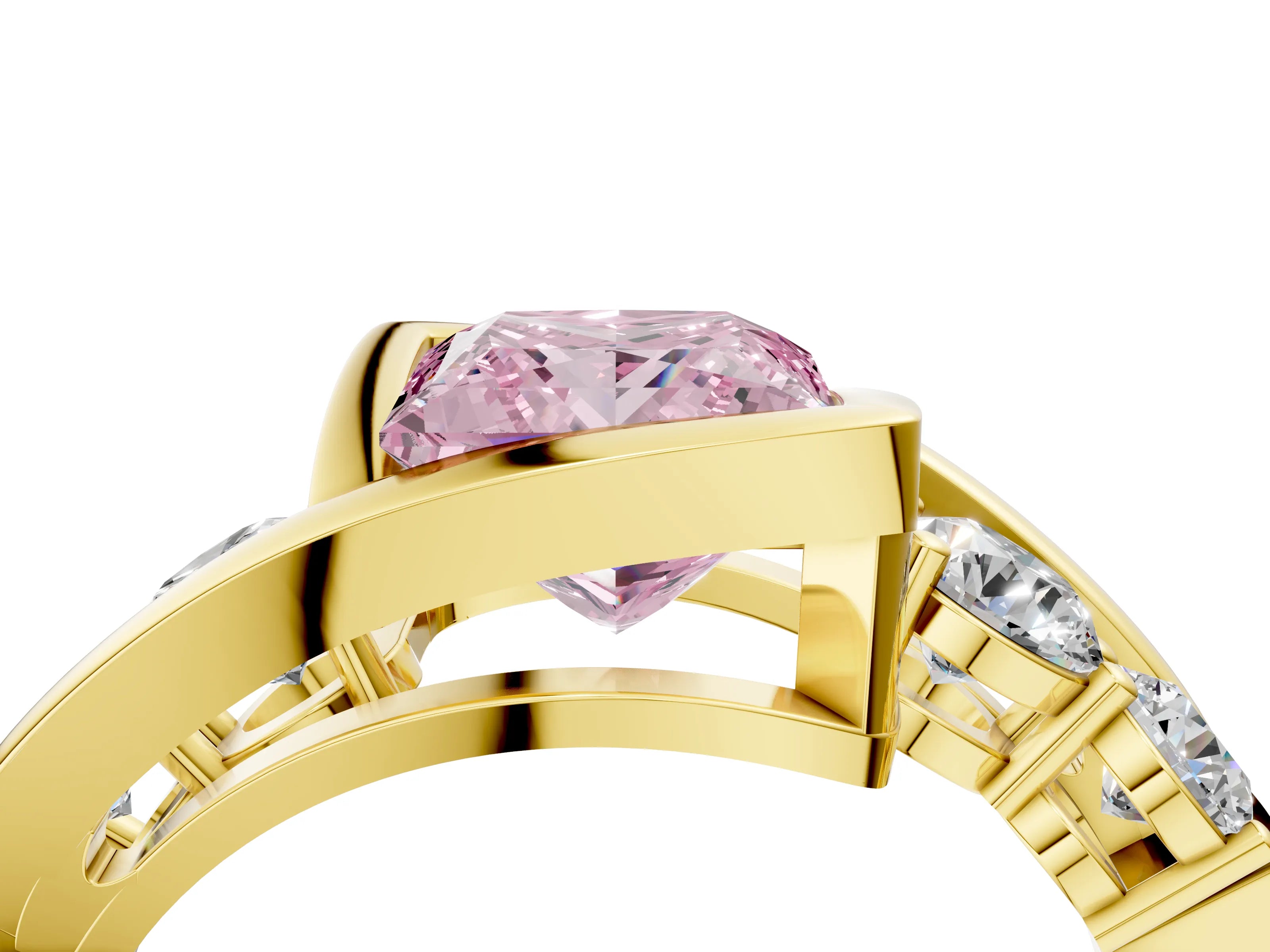 Yellow gold Bezel Set Fancy Pink Princess Cut Diamond Split Shank Ring_4