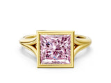 Yellow gold Bezel Set Fancy Pink Princess  Cut Solitaire Ring with Tapered Band
