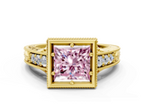 Yellow gold Bezel Set Fancy Pink Princess  Diamond Milgrain Pave Engagement Ring
