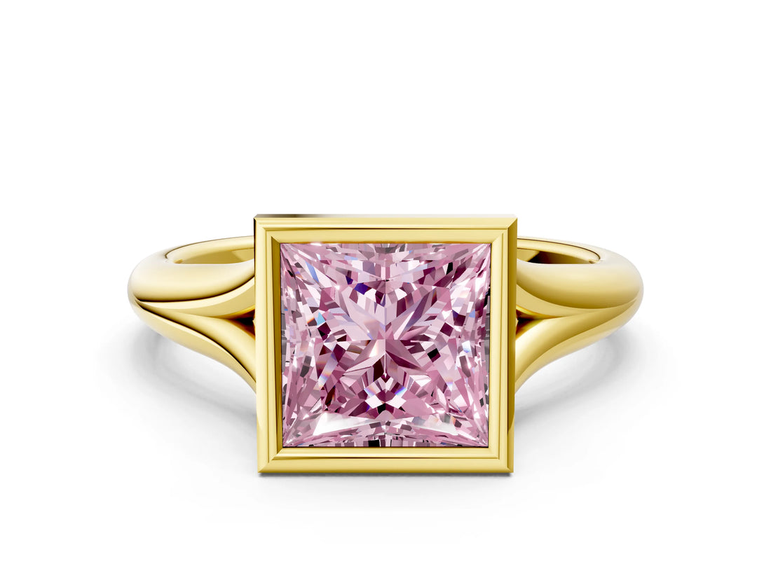 Yellow gold Bezel Set Fancy Pink Princess  Solitaire Diamond Ring with Smooth Band 1