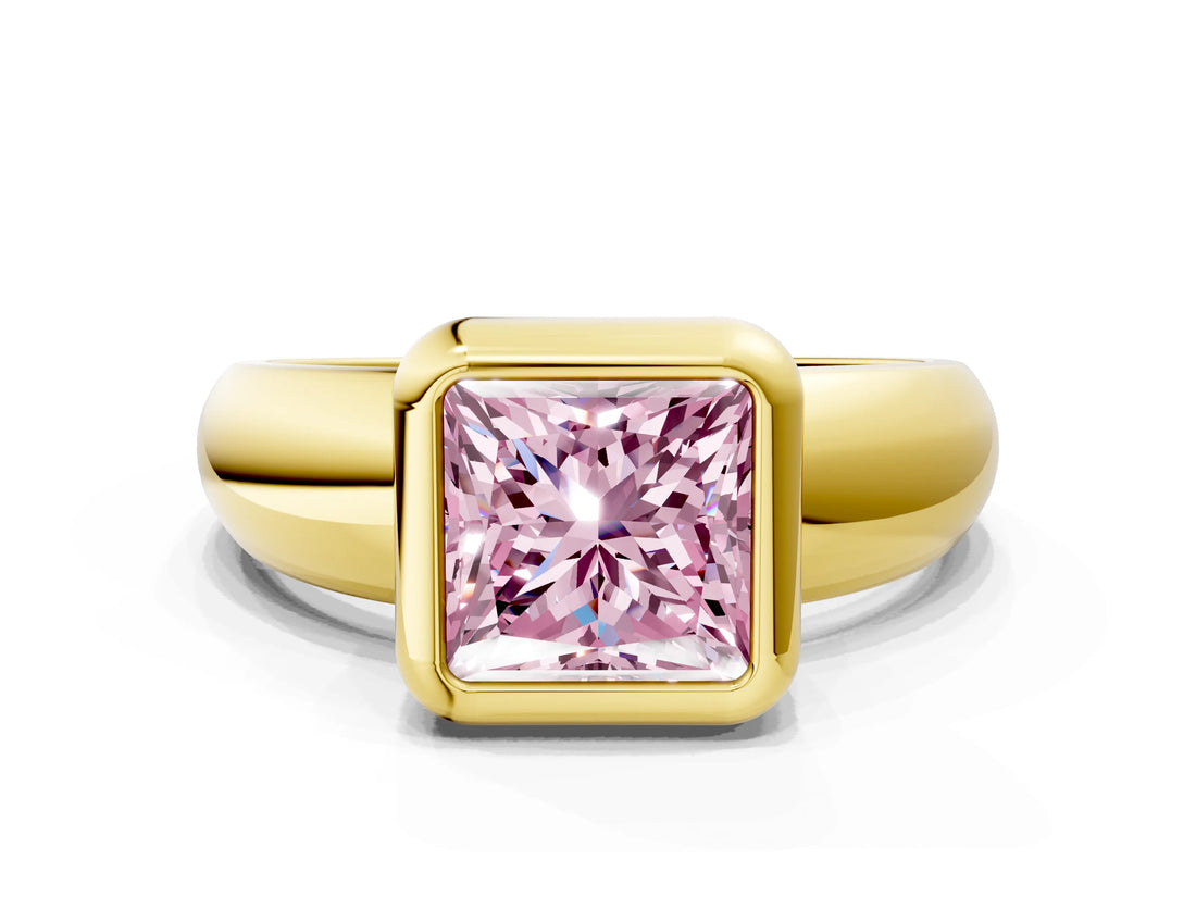 Yellow gold Bezel Set Fancy Pink Princess  Solitaire Ring with Wide Band 2
