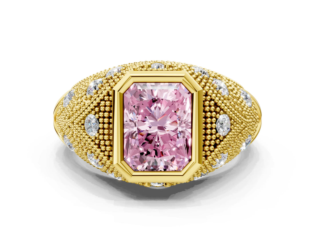 Yellow gold Bezel Set Fancy Pink Radiant Cut Diamond Milgrain Band Ring