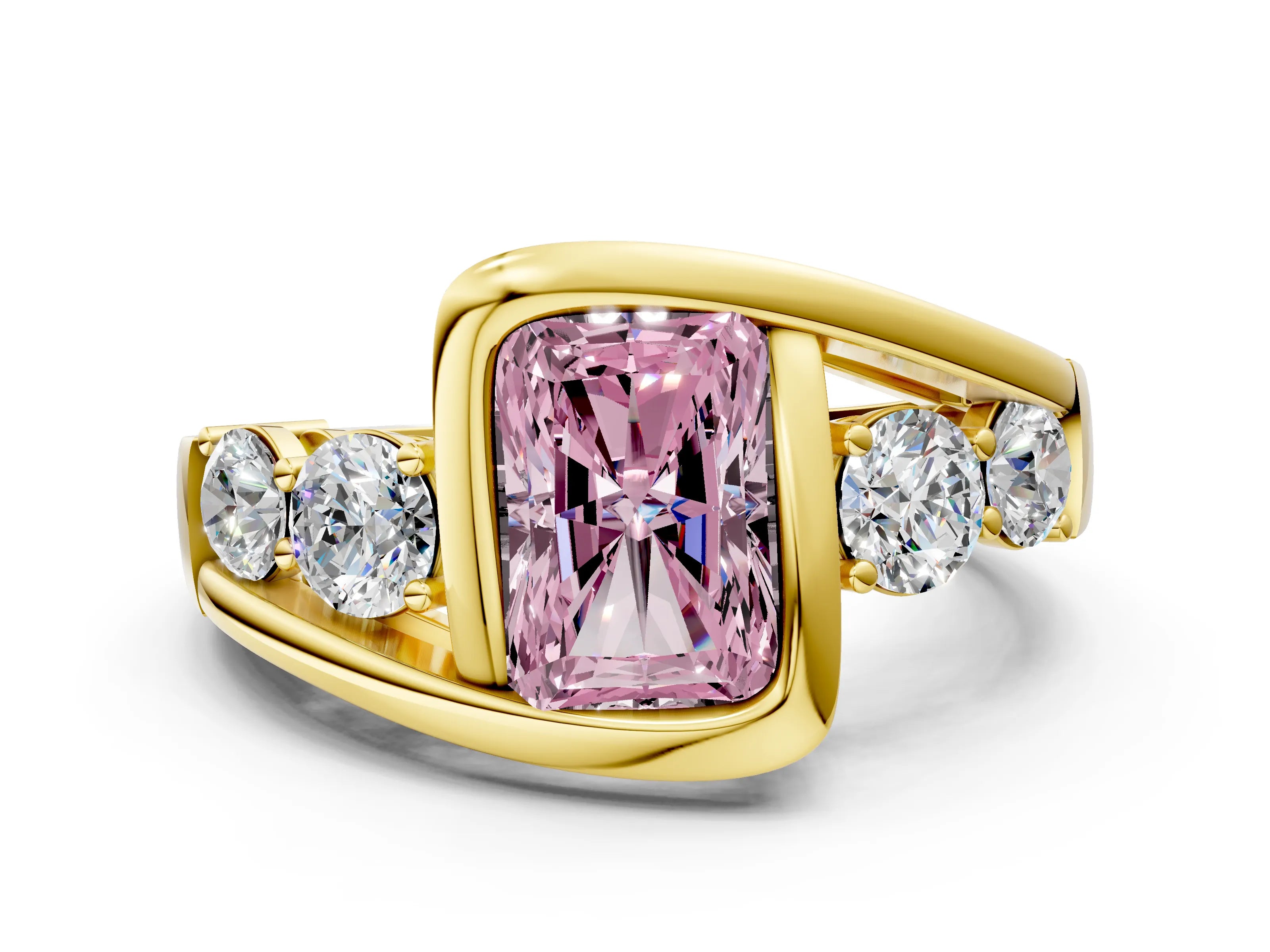 Yellow gold Bezel Set Fancy Pink Radiant Cut Diamond Split Shank Ring
