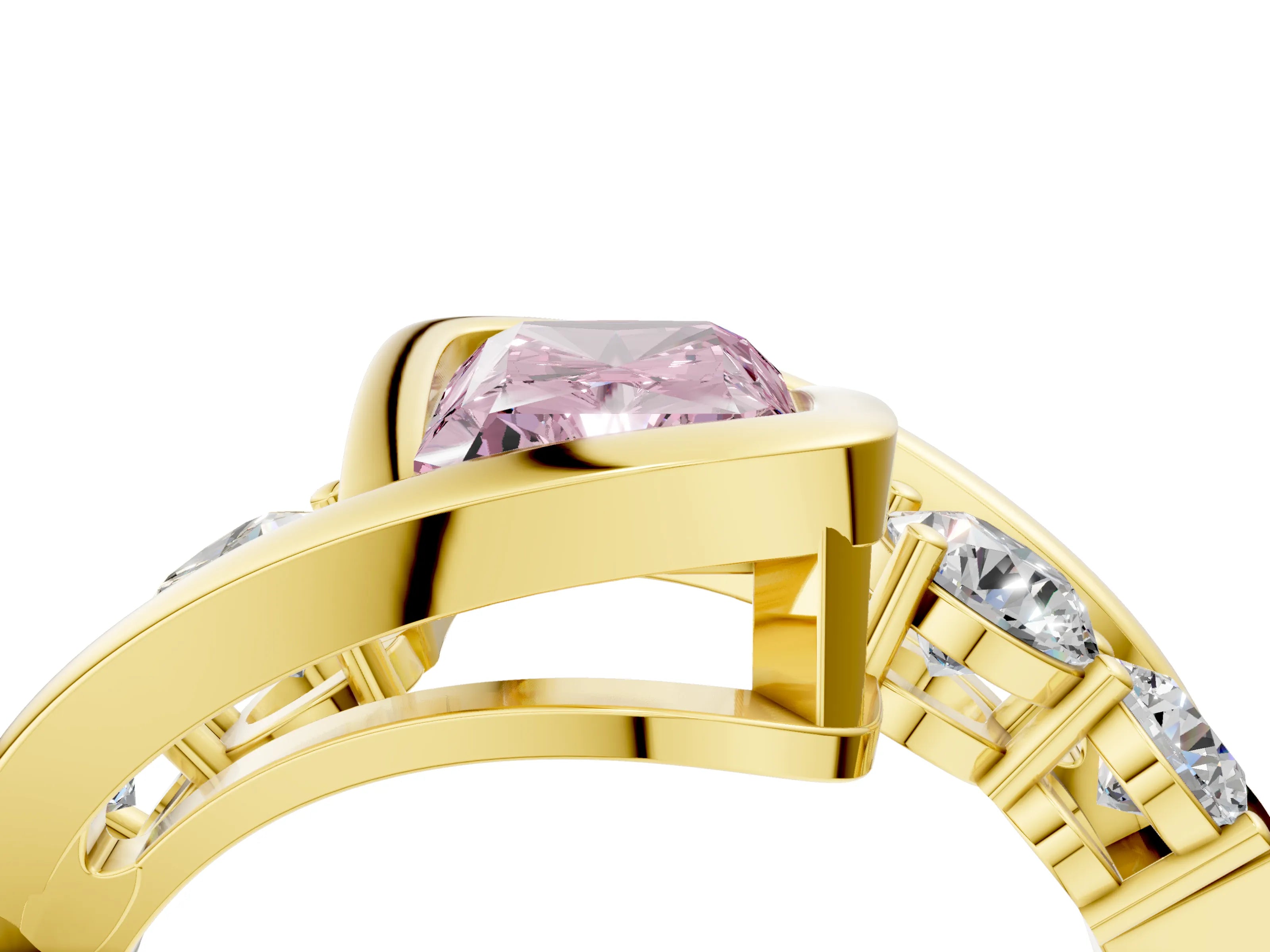 Yellow gold Bezel Set Fancy Pink Radiant Cut Diamond Split Shank Ring_4