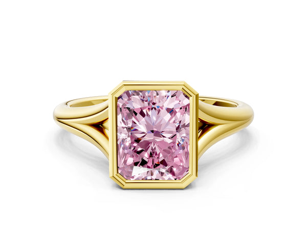 Yellow gold Bezel Set Fancy Pink Radiant  Cut Solitaire Ring with Tapered Band