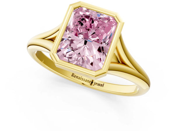 Yellow gold Bezel Set Fancy Pink Radiant  Cut Solitaire Ring with Tapered Band