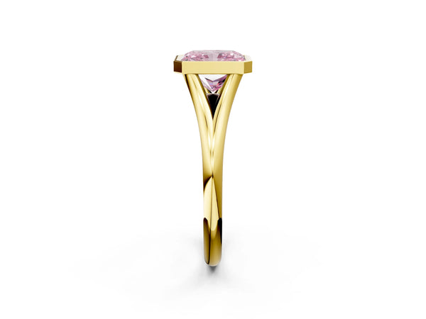 Yellow gold Bezel Set Fancy Pink Radiant  Cut Solitaire Ring with Tapered Band