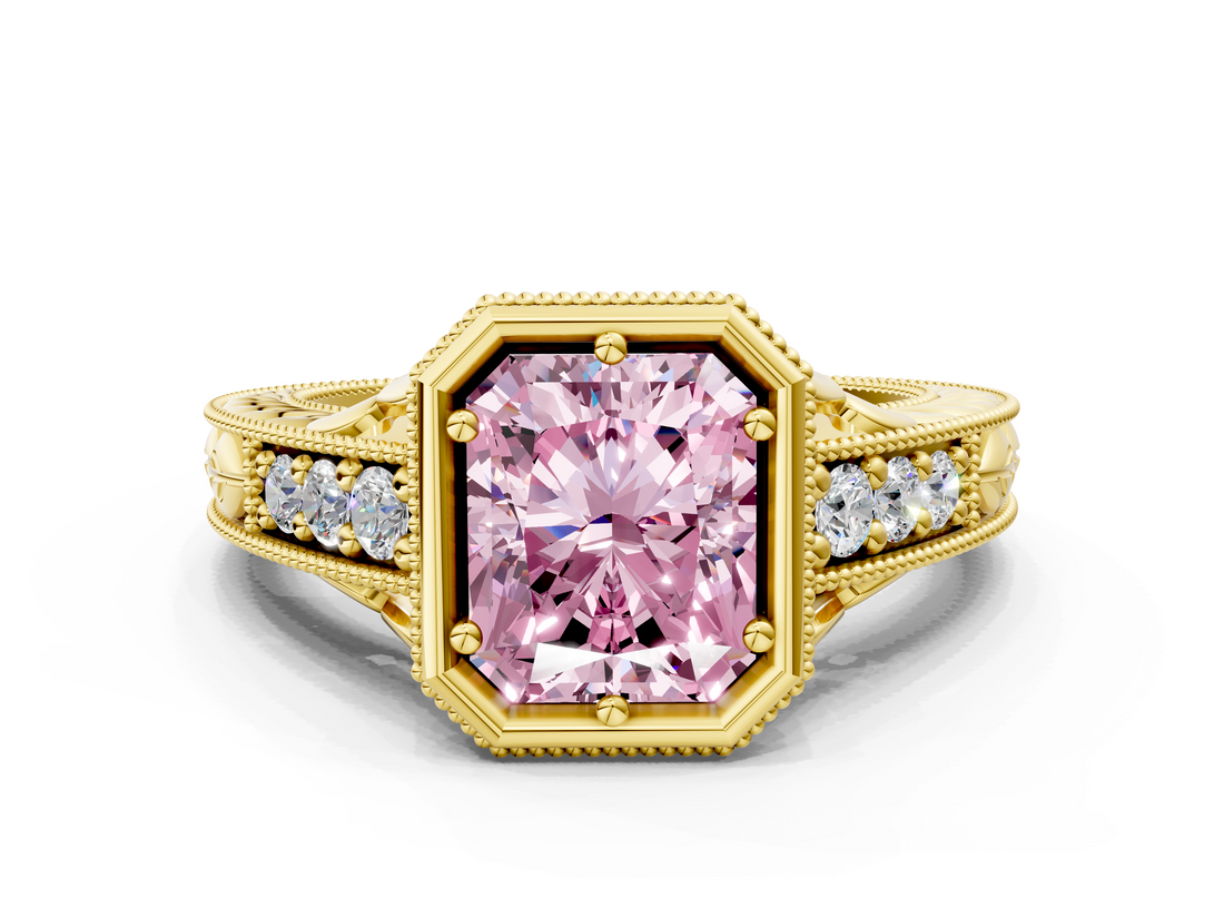 Yellow gold Bezel Set Fancy Pink Radiant  Diamond Milgrain Pave Engagement Ring_32