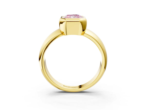 Yellow gold Bezel Set Fancy Pink Radiant  Solitaire Ring with Wide Band