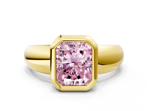 Yellow gold Bezel Set Fancy Pink Radiant  Solitaire Ring with Wide Band
