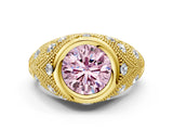 Yellow gold Bezel Set Fancy Pink Round Cut Diamond Milgrain Band Ring
