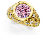 Yellow gold Bezel Set Fancy Pink Round Cut Diamond Milgrain Band Ring_1