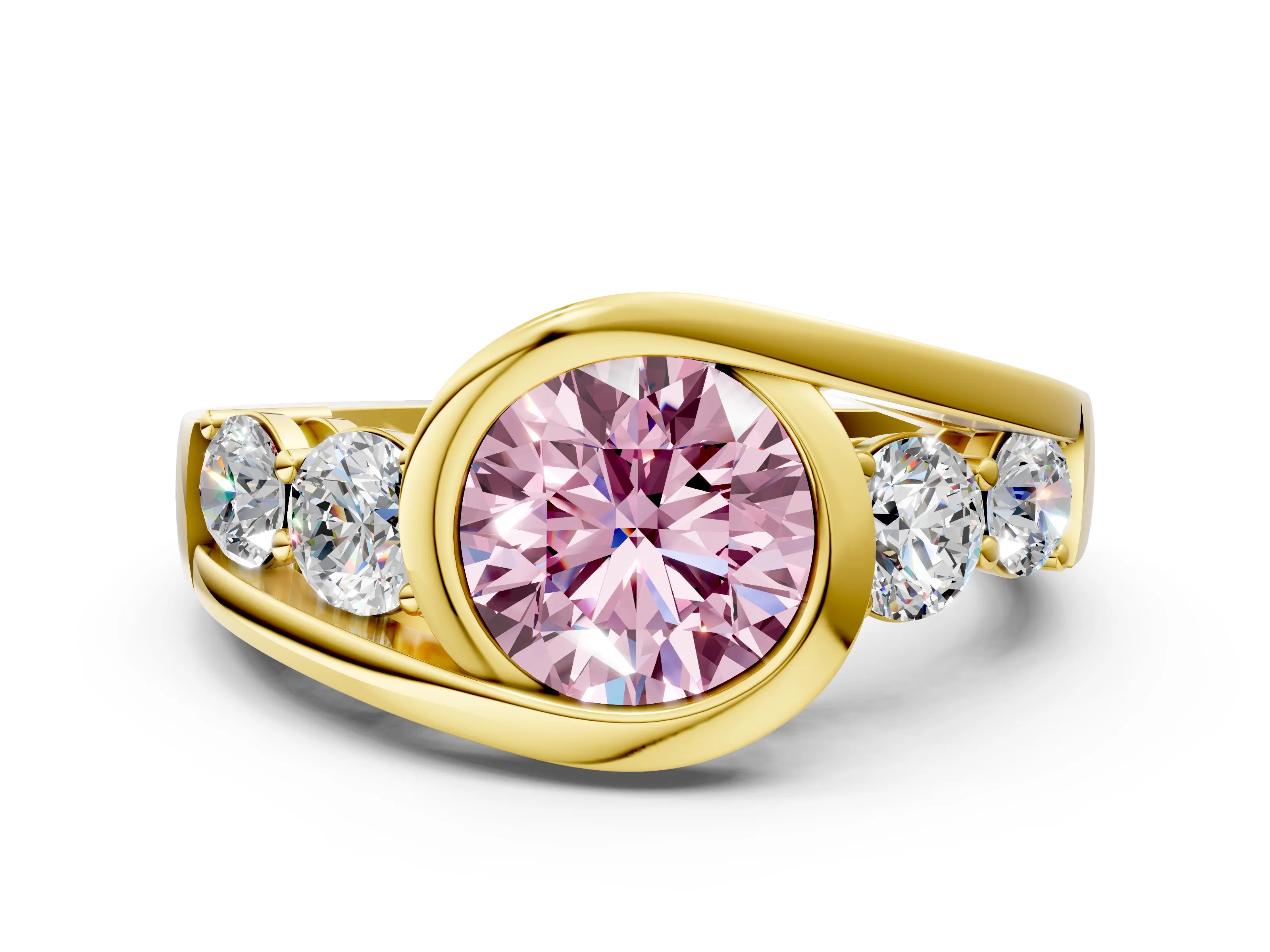 Yellow gold Bezel Set Fancy Pink Round Cut Diamond Split Shank Ring