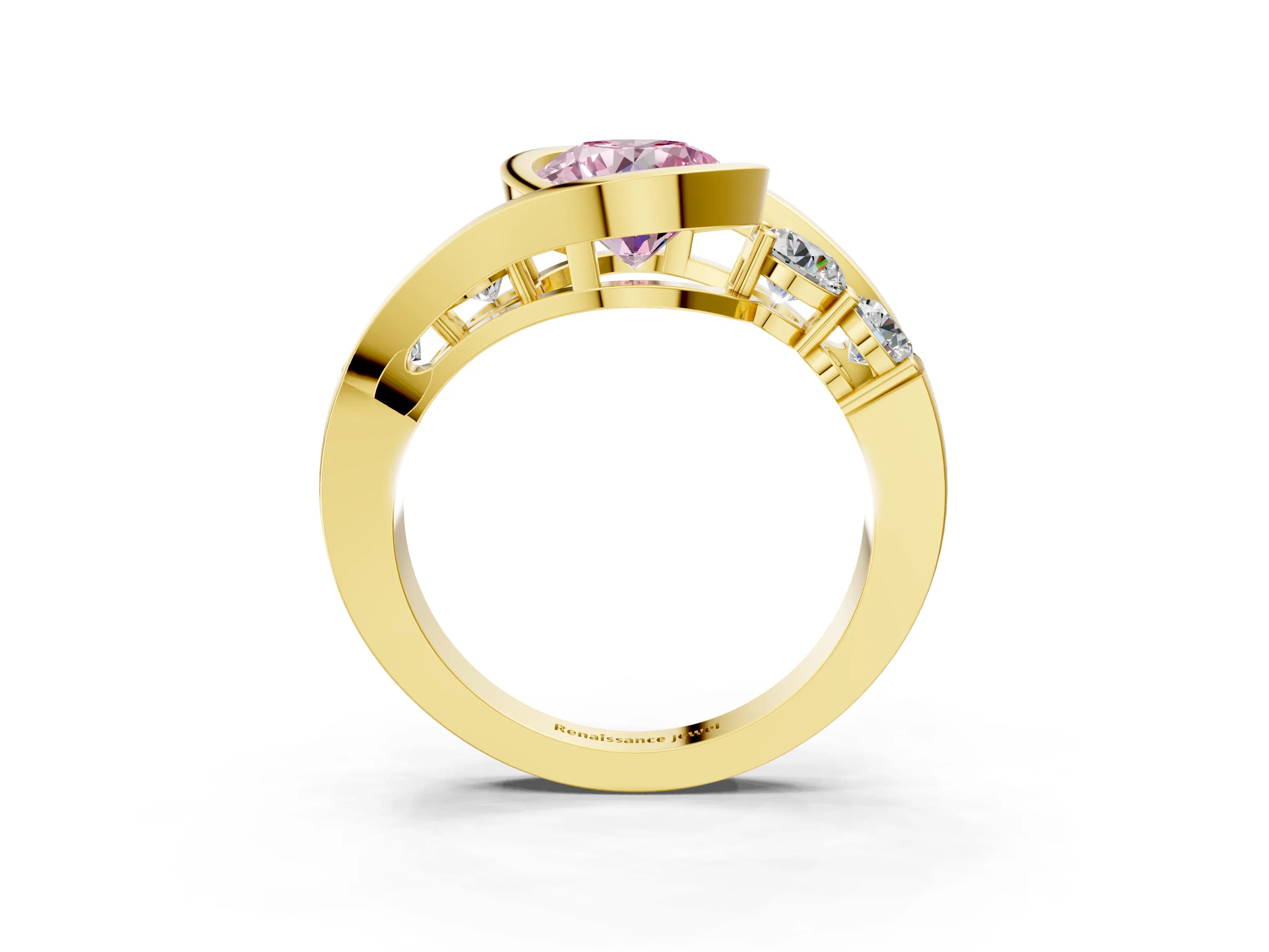 Yellow gold Bezel Set Fancy Pink Round Cut Diamond Split Shank Ring_3