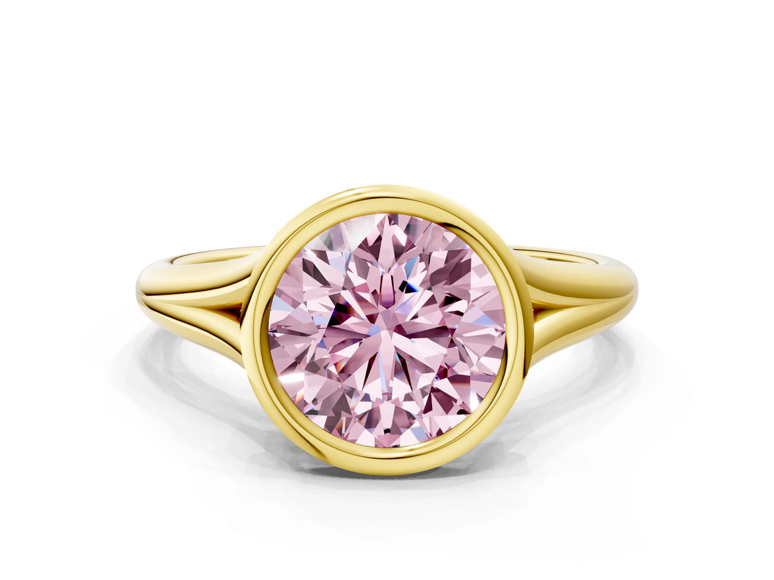 Yellow gold Bezel Set Fancy Pink Round  Cut Solitaire Ring with Tapered Band