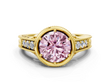 Yellow gold Bezel Set Fancy Pink Round  Diamond Milgrain Pave Engagement Ring