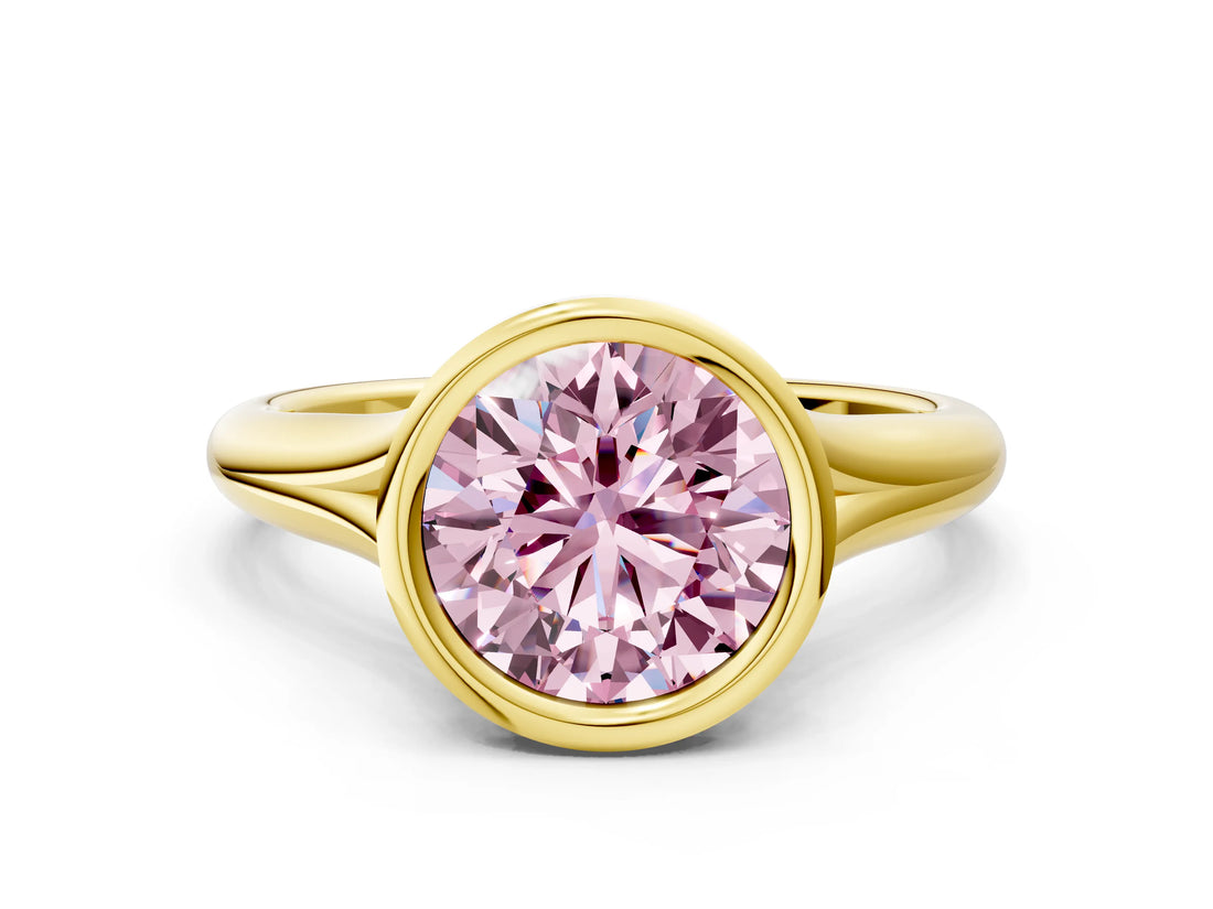 Yellow gold Bezel Set Fancy Pink Round  Solitaire Diamond Ring with Smooth Band 1