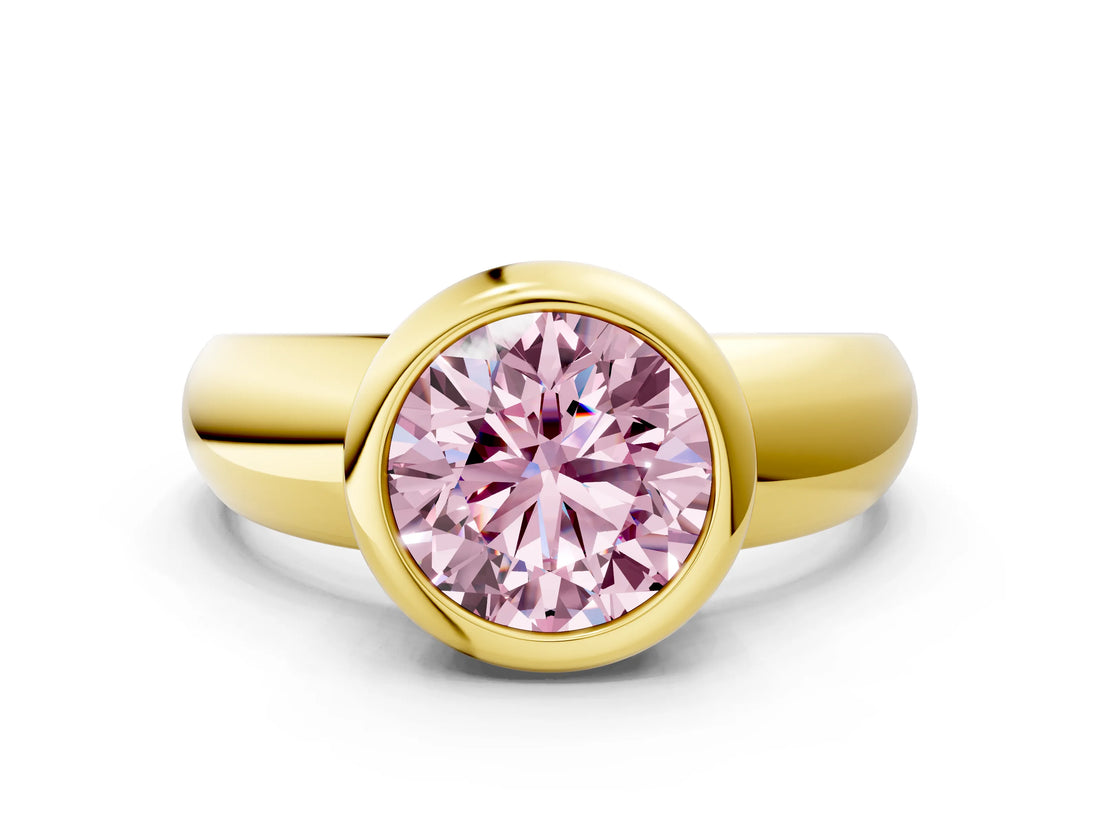 Yellow gold Bezel Set Fancy Pink Round  Solitaire Ring with Wide Band