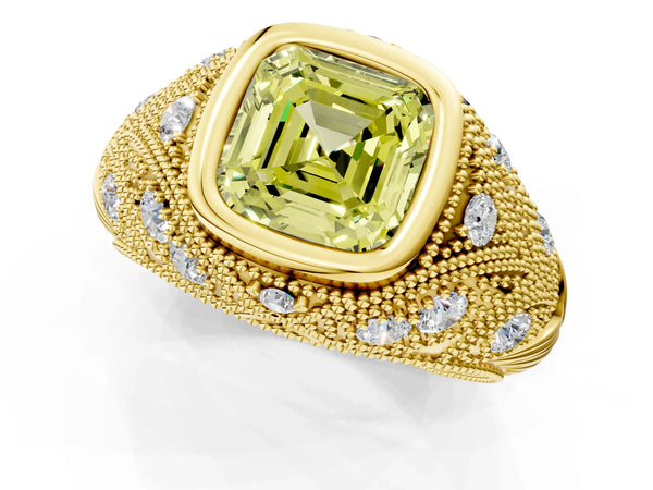 Yellow Gold Asscher Cut Vintage Bezel Engagement Ring Setting for Fancy Yellow Center with Milgrain