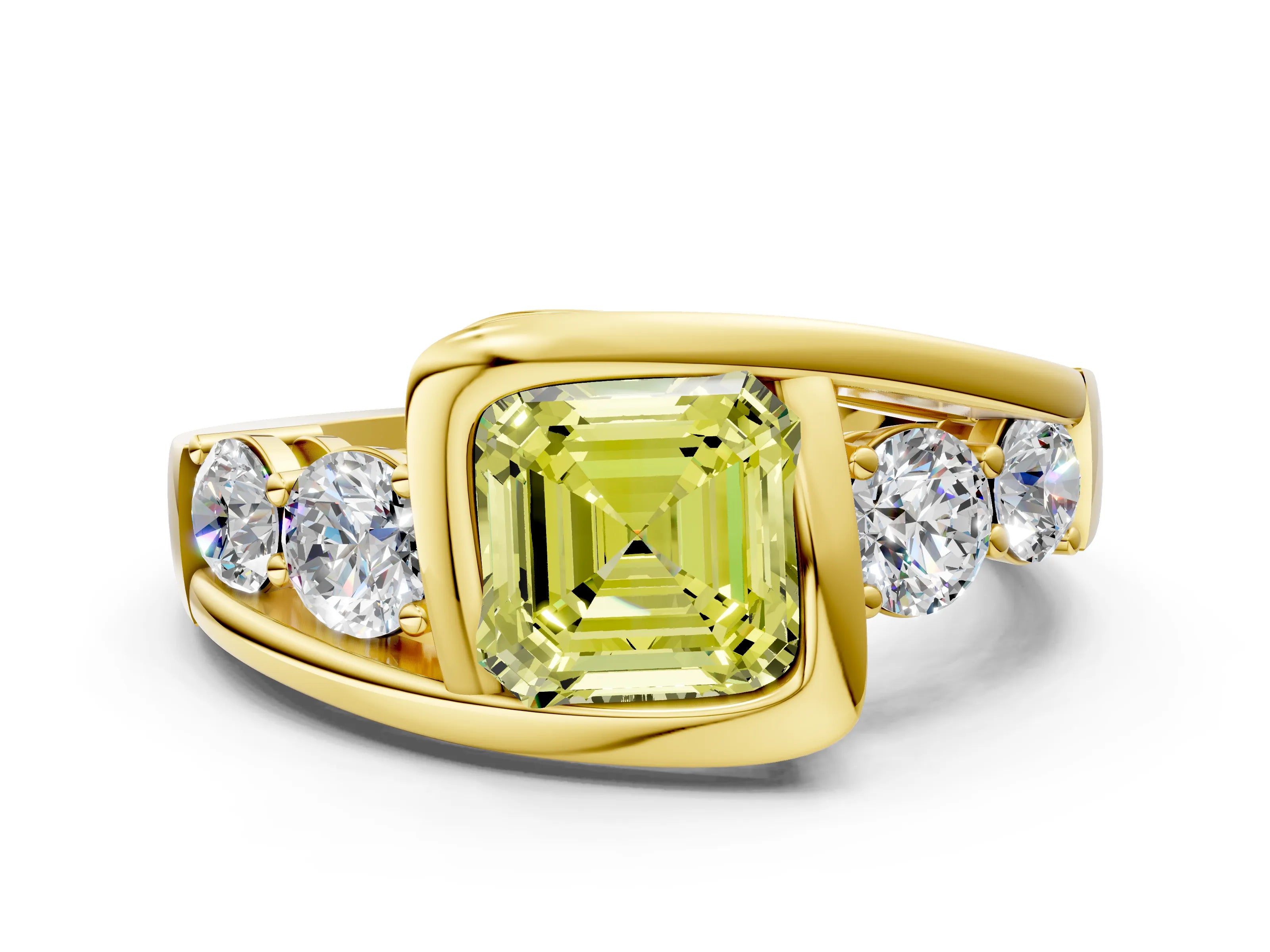 Yellow gold Bezel Set Fancy Yellow Asscher Cut Diamond Split Shank Ring