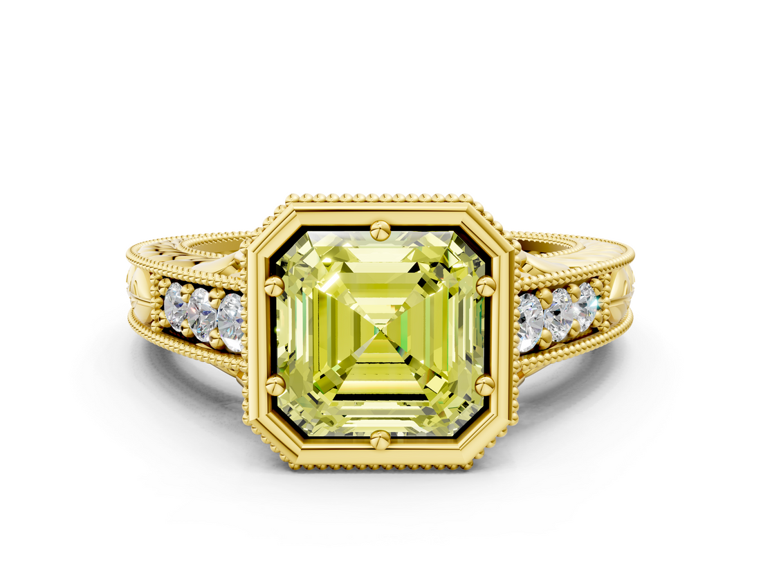 Yellow gold Bezel Set Fancy Yellow Asscher  Diamond Milgrain Pave Engagement Ring_17