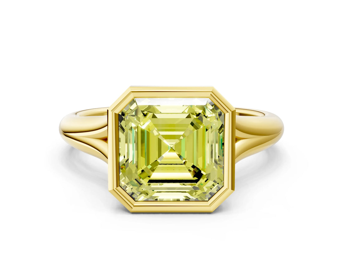 Yellow gold Bezel Set Fancy Yellow Asscher  Solitaire Diamond Ring with Smooth Band 1
