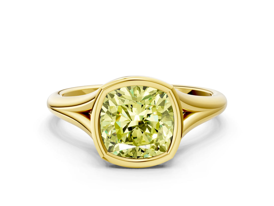 Yellow gold Bezel Set Fancy Yellow Cushion  Cut Solitaire Ring with Tapered Band 2