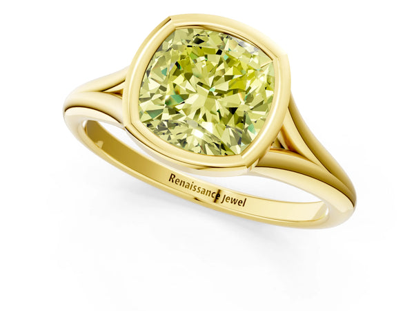 Yellow gold Bezel Set Fancy Yellow Cushion  Cut Solitaire Ring with Tapered Band