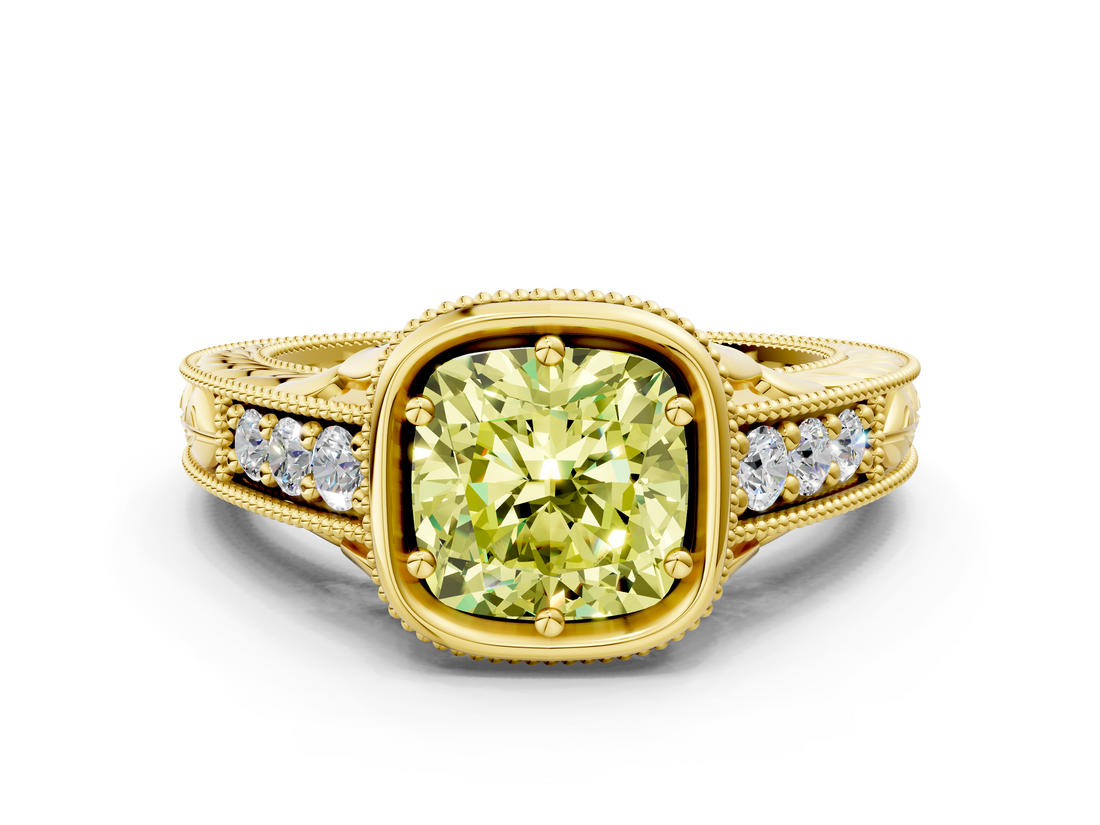 Yellow gold Bezel Set Fancy Yellow Cushion  Diamond Milgrain Pave Engagement Ring_32