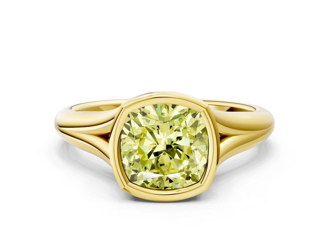 Yellow gold Bezel Set Fancy Yellow Cushion  Solitaire Diamond Ring with Smooth Band 1