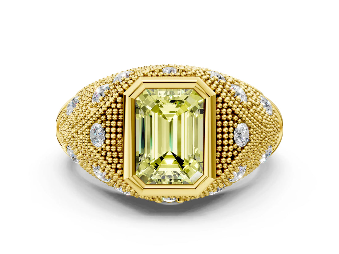 Yellow gold Bezel Set Fancy Yellow Emerald Cut Diamond Milgrain Band Ring