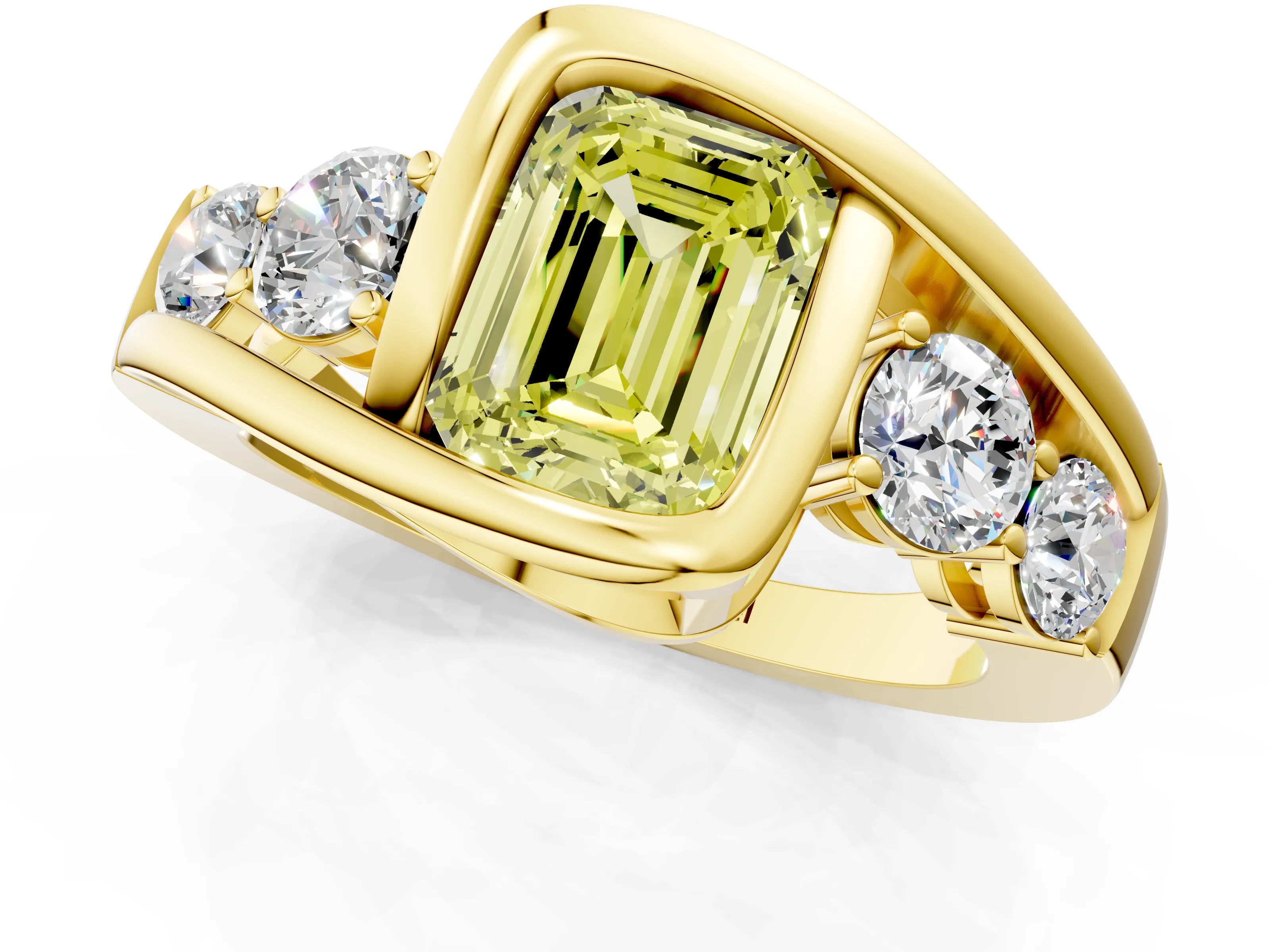Yellow gold Bezel Set Fancy Yellow Emerald Cut Diamond Split Shank Ring_1