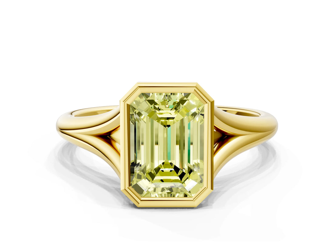 Yellow gold Bezel Set Fancy Yellow Emerald  Cut Solitaire Ring with Tapered Band 2
