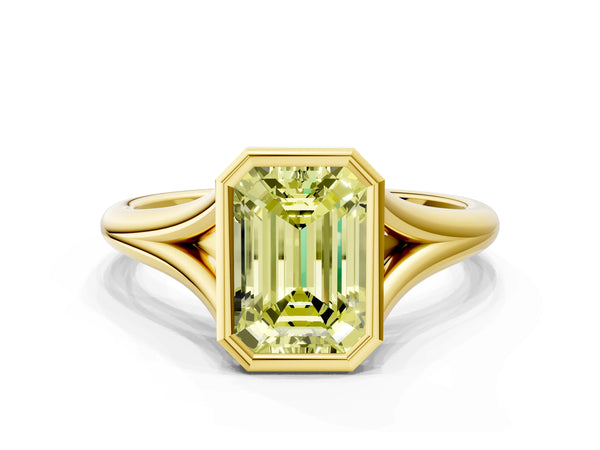 Yellow gold Bezel Set Fancy Yellow Emerald  Cut Solitaire Ring with Tapered Band