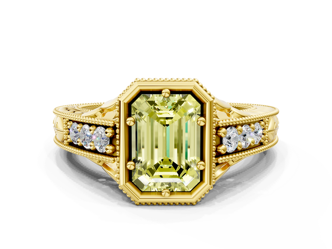 Yellow gold Bezel Set Fancy Yellow Emerald  Diamond Milgrain Pave Engagement Ring_33