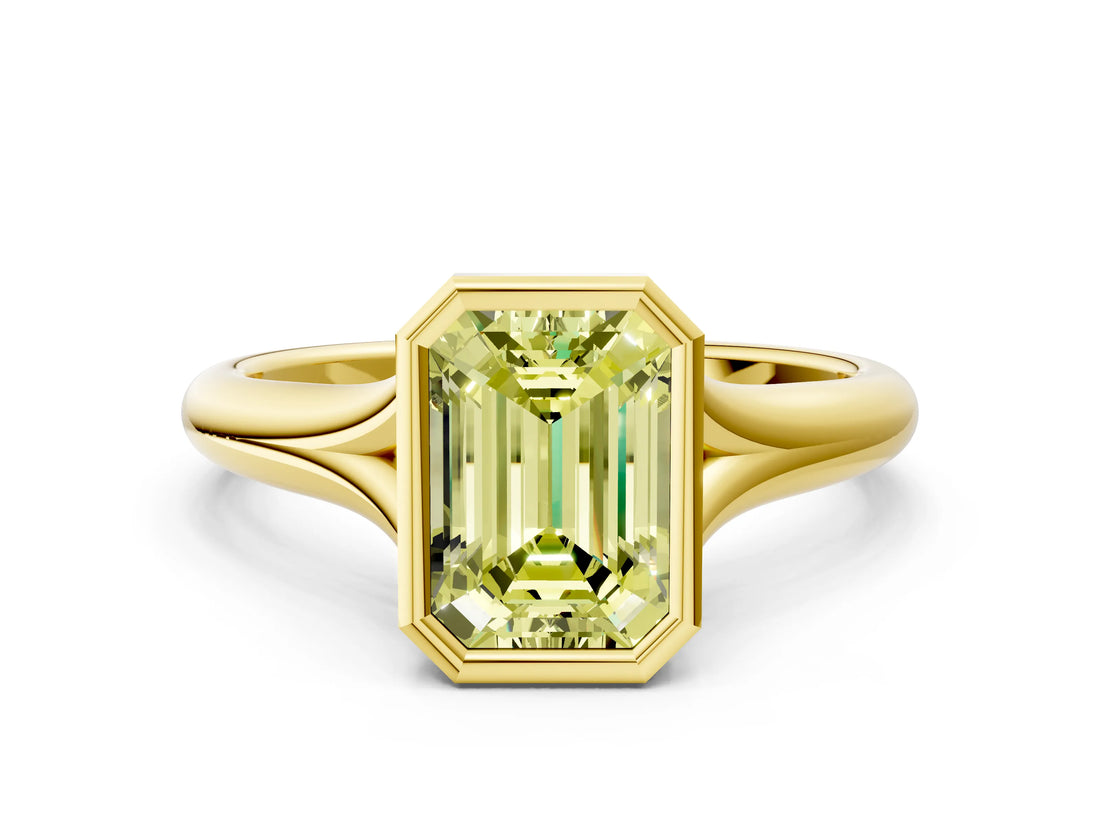 Yellow gold Bezel Set Fancy Yellow Emerald  Solitaire Diamond Ring with Smooth Band