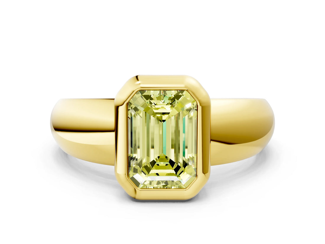 Yellow gold Bezel Set Fancy Yellow Emerald  Solitaire Ring with Wide Band 1