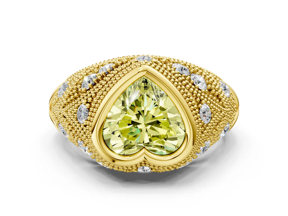 Yellow gold Bezel Set Fancy Yellow Heart Cut Diamond Milgrain Band Ring