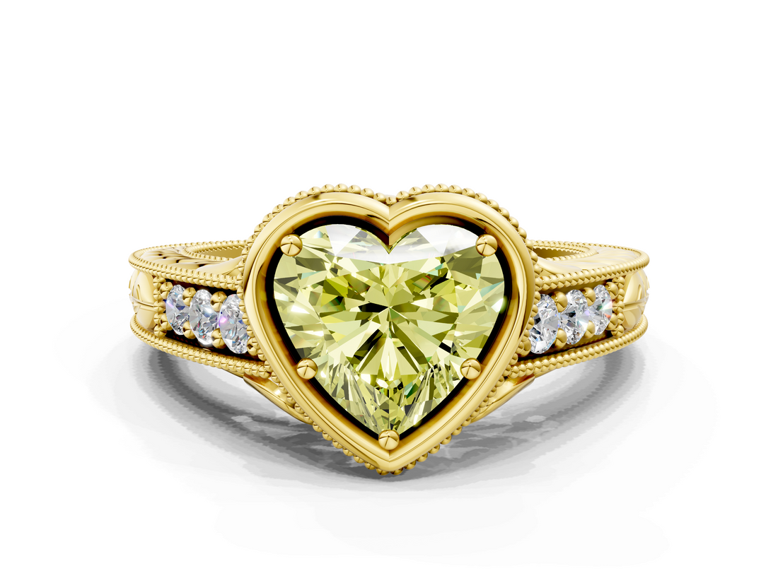 Yellow gold Bezel Set Fancy Yellow Heart  Diamond Milgrain Pave Engagement Ring_33