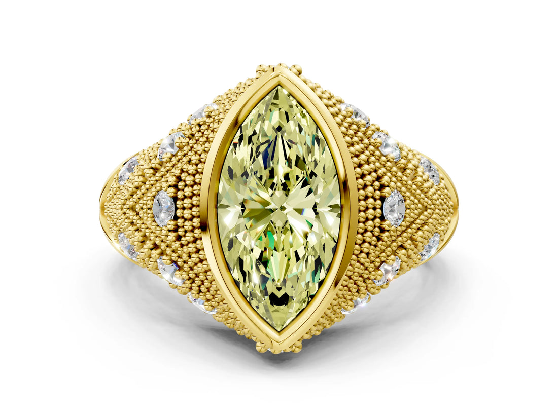 Yellow gold Bezel Set Fancy Yellow Marquise Cut Diamond Milgrain Band Ring