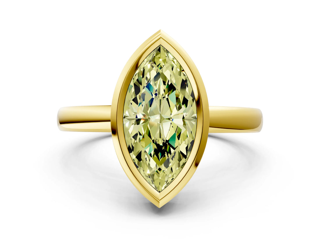 Yellow gold Bezel Set Fancy Yellow Marquise Cut Solitaire Engagement Ring with Classic Band