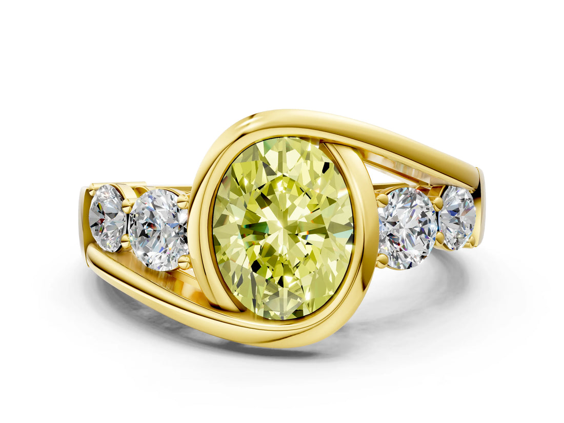 Yellow gold Bezel Set Fancy Yellow Oval Cut Diamond Split Shank Ring