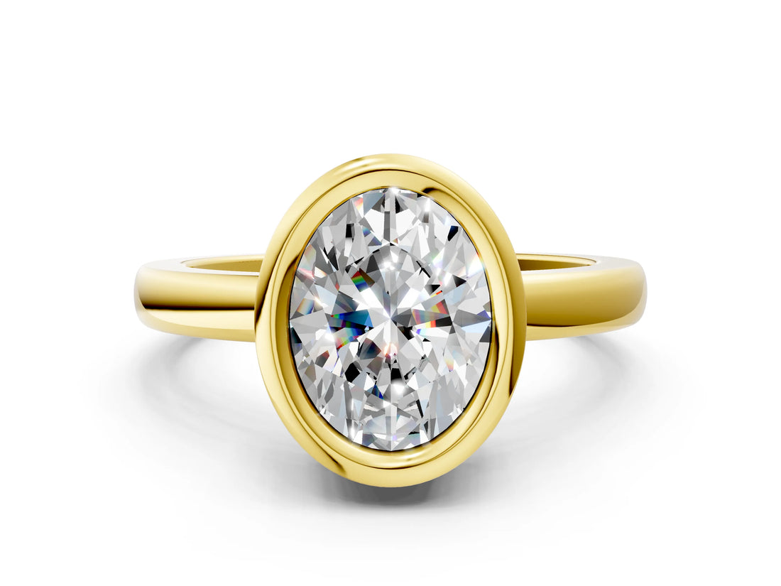 Yellow gold Bezel Set Fancy Yellow Oval Cut Solitaire Engagement Ring with Classic Band